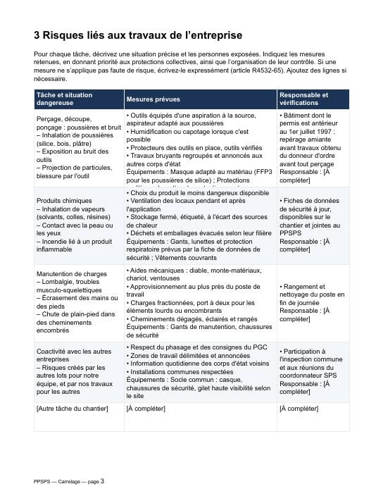 Extrait du modèle de PPSPS carrelage : tableau des risques et des mesures pré-rempli