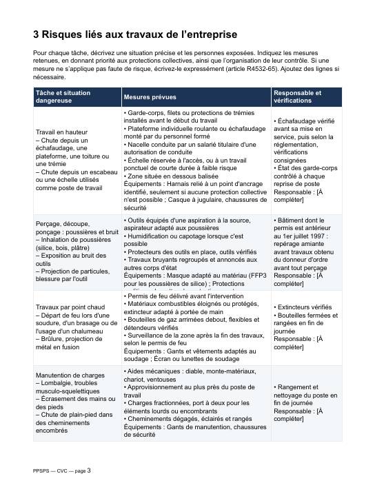Extrait du modèle de PPSPS CVC : tableau des risques et des mesures pré-rempli