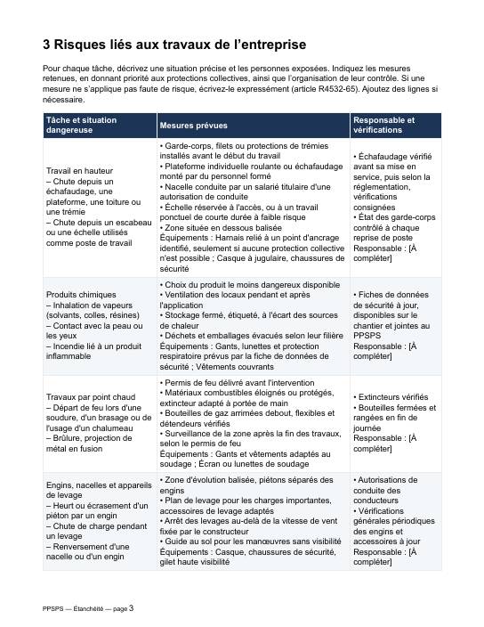 Extrait du modèle de PPSPS étanchéité : tableau des risques et des mesures pré-rempli