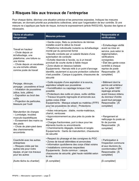 Extrait du modèle de PPSPS menuiserie : tableau des risques et des mesures pré-rempli