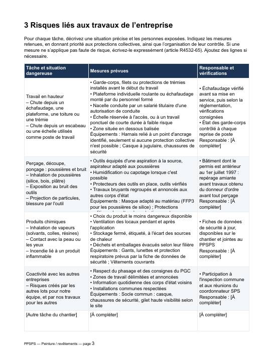 Extrait du modèle de PPSPS peinture : tableau des risques et des mesures pré-rempli