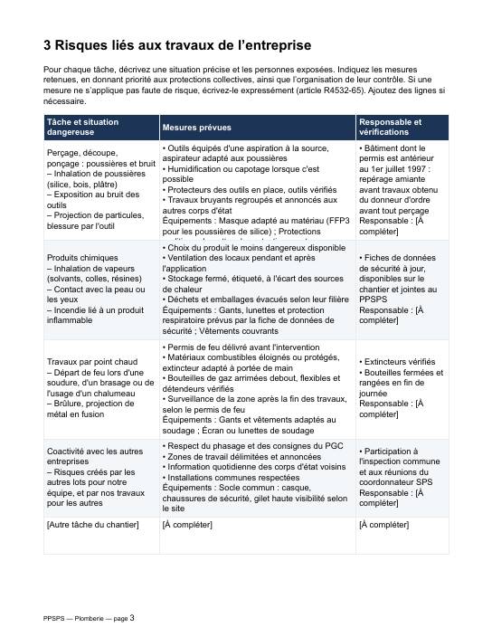 Extrait du modèle de PPSPS plomberie : tableau des risques et des mesures pré-rempli